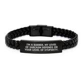 Funny Barber Gifts from Friends to Men - 'I'm A Barber, My Level Of Sarcasm...' Interlaced Leather Bracelet for Graduation Unique Gifts - Image 1