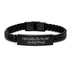 Funny Gifts from Men to Priest Interlaced Leather Bracelet - Officially The World's Coolest Priest, Unique Graduation Gift for Men - Image 1
