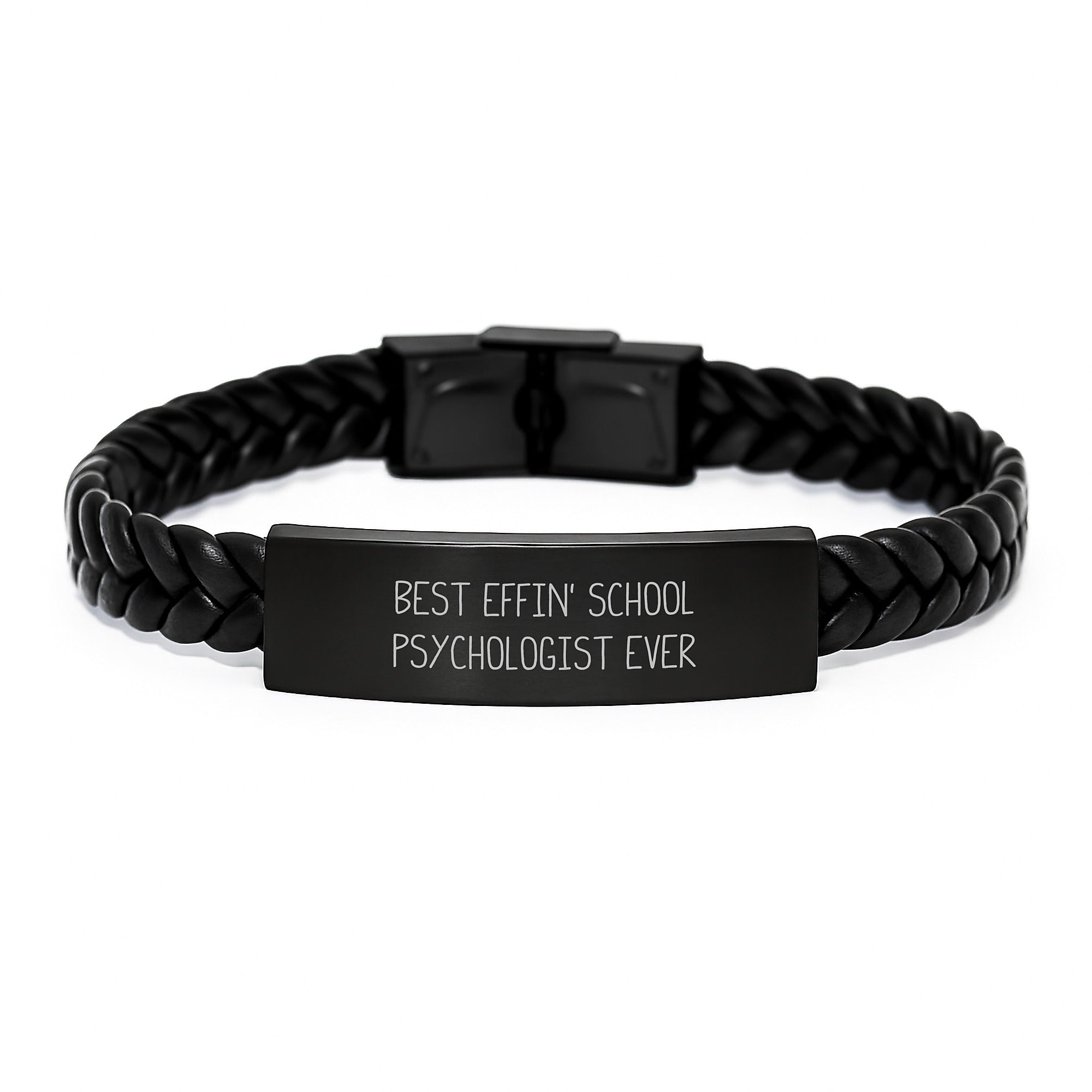 Funny School Psychologist Gifts from Friends for Graduation, Best Effin' School Psychologist Ever Interlaced Leather Bracelet - Image 1