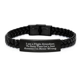 Flight Attendant Humor Gifts, Interlaced Leather Bracelet for Men, Funny Quote 'I Am A Flight Attendant. To Save Time Let's Just Assume I'm Never Wrong.' Graduation Unique Gifts from Friends - Image 1