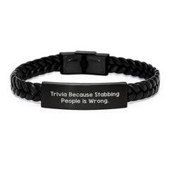 Trivia Enthusiasts Gifts from Friends, Trivia Interlaced Leather Bracelet with Funny Quote, Birthday Unique Trivia Accessories for Men and Women - Image 1