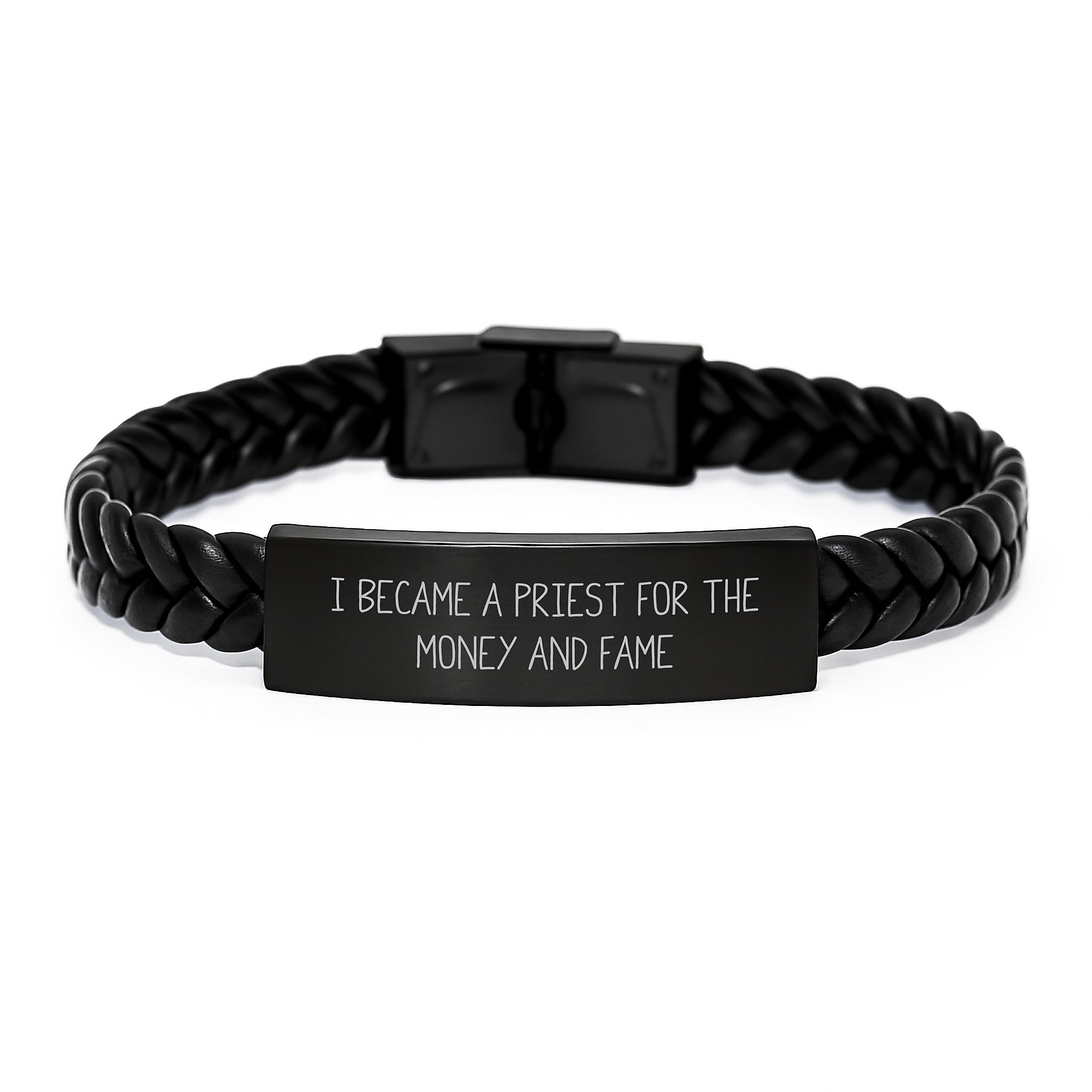Funny Quote Priest Inspirational Interlaced Leather Bracelet Gifts for Men from Family - 'I Became A Priest For The Money And Fame' Unique Graduation - Image 1