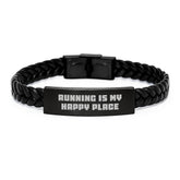 Funny Running Gifts for Men, Interlaced Leather Bracelet for Running Enthusiasts, Christmas Unique Gifts from Friends, 'Running Is My Happy Place' - Image 1