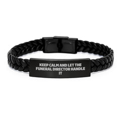 Funny Funeral Director Gifts from Friends for Birthday - 'Keep Calm and Let the Funeral Director Handle It' Interlaced Leather Bracelet - Image 1