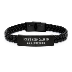 Funny Auctioneer Gifts for Men - 'I Can't Keep Calm I'm An Auctioneer' Interlaced Leather Bracelet, Birthday Unique Gifts from Friends - Image 1