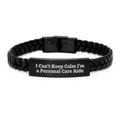 Funny Personal Care Aide Gifts from Friends for Graduation, I Can't Keep Calm I'm A Personal Care Aide Interlaced Leather Bracelet, Unique Stainless Steel and PU Leather Combination, 7.87 inches Long - Image 1