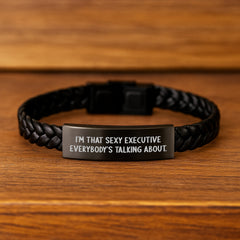 Funny Executive Gifts from Friends for Birthday - Interlaced Leather Bracelet with Quote 'I'm That Sexy Executive Everybody's Talking About.' - Image 2