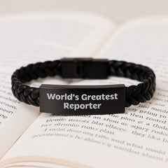 Funny Reporter Gifts - Interlaced Leather Bracelet for Men, Christmas Unique Gifts from Friends, World's Greatest Reporter Quote - Image 3