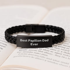Papillon Dog Lovers Unforgettable Present, Interlaced Leather Birthday Unique Gift for Dad, Funny Quote 'Best Papillon Dad Ever' - Image 3
