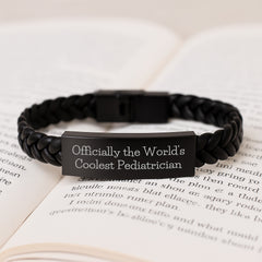 Cool Pediatrician Gifts from Friends - Officially The World's Coolest Pediatrician Interlaced Leather Birthday Wristband for Men, Women, or Family - Image 3