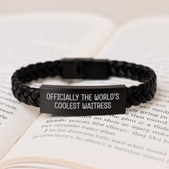 Funny Waitress Gifts - 'Officially The World's Coolest Waitress' Interlaced Leather Bracelet, Gifts from Friends to Waitress, Graduation Unique Gifts - Image 3