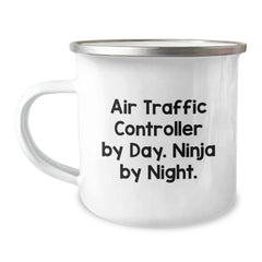 Air Traffic Controller Gifts for Him, Camping Mug for Graduation, 'Air Traffic Controller By Day. Ninja By Night.' Quote, 12 oz Stainless Steel with Enamel Finish - Image 1