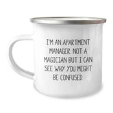 Funny Apartment Manager Gifts for Christmas - Enamel Camping Mug with I'm Not a Magician Quote, Unique Office Gift Ideas for Women - Image 1