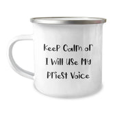 Funny Gifts from Friends to Priest - Keep Calm Or I Will Use My Priest Voice Camping Mug, Stainless Steel Enamel Finish, Perfect for Christmas Unique Gifts, Unique Priest Mug for Men - Image 1