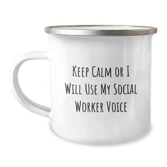 Funny Social Worker Gifts for Men Women Friends and Coworkers - Keep Calm Or I Will Use My Social Worker Voice Camping Mug, Christmas Unique Mug for Social Worker Lovers - Image 1