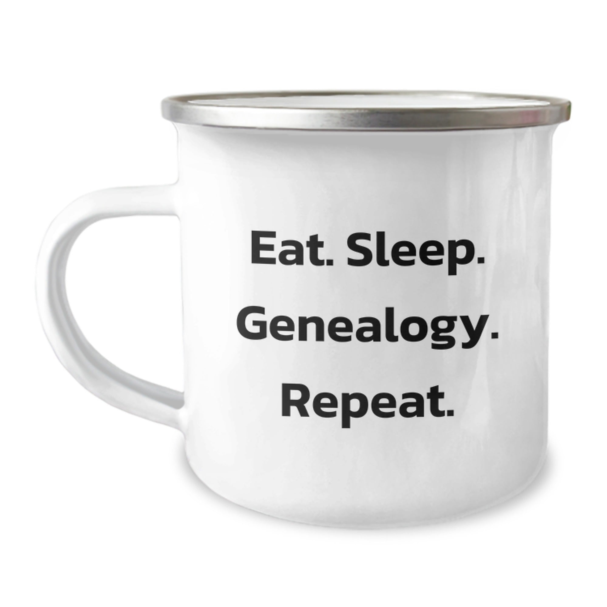Gifts from Family, Friends, or Coworkers - Eat. Sleep. Genealogy. Repeat. - 12 oz Camping Mug for Genealogy Enthusiasts on Birthday - Image 1