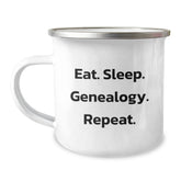 Gifts from Family, Friends, or Coworkers - Eat. Sleep. Genealogy. Repeat. - 12 oz Camping Mug for Genealogy Enthusiasts on Birthday - Image 1