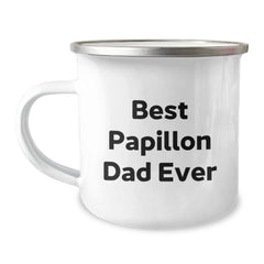 Funny Papillon Dog Camping Mug, Best Dad Ever, 12 oz Stainless Steel Enamel Finish, Gifts for Papillon Dog Lovers from Men, Birthday Unique Gifts - Image 1