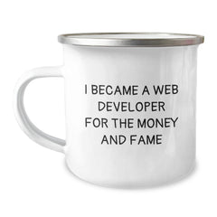 Web Developer's Funny Camping Mug, Gifts from Friends, Birthday Unique Presents for Him, Her, or Coworkers, 'I Became A Web Developer For The Money And Fame' Quote - Image 1