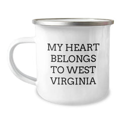 West Virginia Lovers Gifts from Friends and Family - My Heart Belongs To West Virginia Funny Camping Mug for Birthday, Enamel Finish, 12 oz, Stainless Steel - Image 1