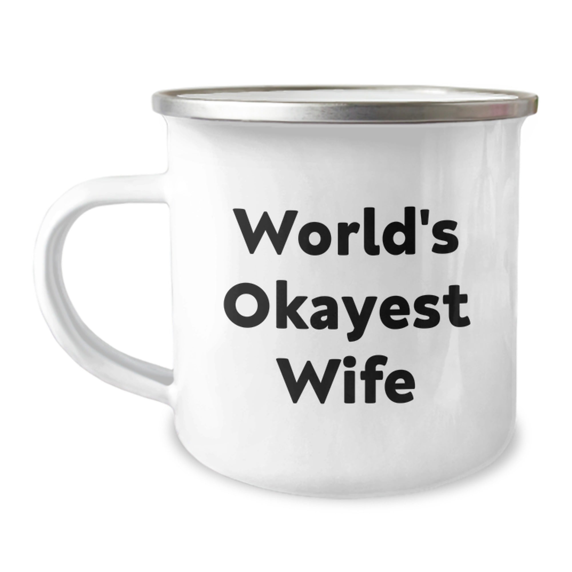 Funny Wife Gifts from Men - World's Okayest Wife Camping Mug for Her Birthday, Stainless Steel with Enamel Finish, 12 oz Capacity, 'World's Okayest Wife' - Image 1