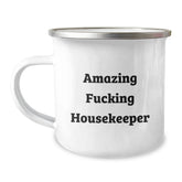 Funny Housekeeper Gifts - 'Amazing F--king Housekeeper' Quote on Camping Mug, 12 oz Stainless Steel with Enamel Finish, Perfect Birthday Unique Gift for Friends, Family, or Coworkers - Image 1