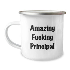 Funny Principal Camping Mug, Gifts from Men to Principal, Unique Birthday Unique Gifts for Funny Principal, Amazing Funny Principal Quote, 12 oz Stainless Steel Enamel Finish - Image 1
