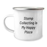Funny Gifts for Stamp Collectors, Camping Mug - 'Stamp Collecting Is My Happy Place', Unique Valentine's Gifts for Him or Her - Image 1
