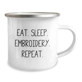 Embroidery Lovers' Camping Mug, Eat. Sleep. Embroidery. Repeat., Funny Gift for Friends from Family, 12 oz Stainless Steel with Enamel Finish - Image 2