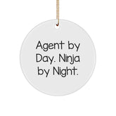 Agent Gifts from Friends - Circle Ornament, 'Agent By Day. Ninja By Night.' Quote, White Color, Durable MDF Material, Perfect for Christmas - Image 1