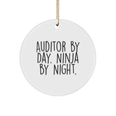 Auditor Gifts: 'Auditor By Day. Ninja By Night.' Christmas Circle Ornament, Gifts from Men to Auditor, 2.75" Tall, 0.5 oz, White, Circle Shaped - Image 1