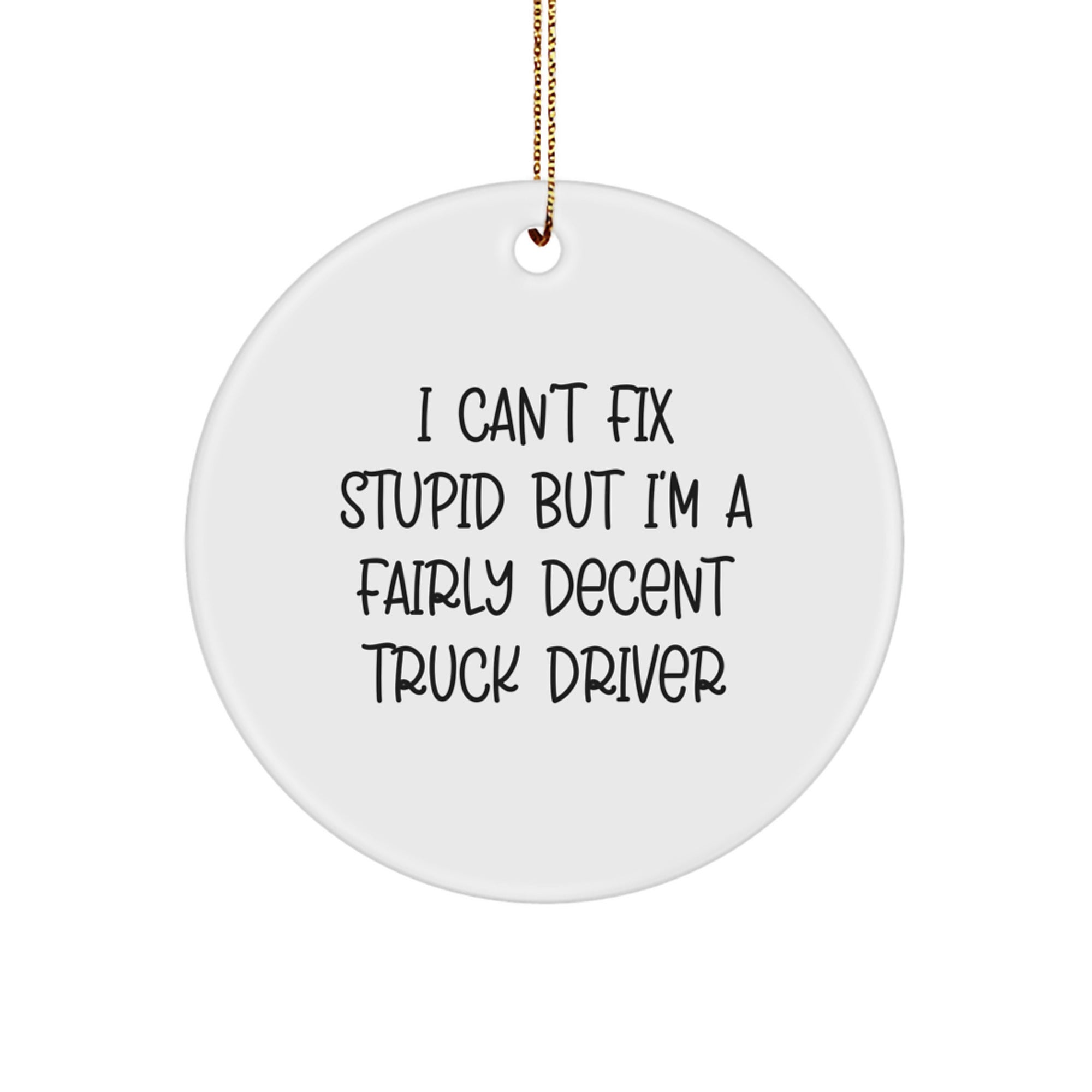 Funny Truck Driver Gifts for Him - 'I Can't Fix Stupid But I'm A Fairly Decent Truck Driver' Christmas Ornament, Circle Ornament for Truckers, Men - Image 1