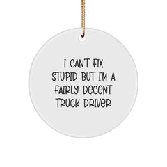 Funny Truck Driver Gifts for Him - 'I Can't Fix Stupid But I'm A Fairly Decent Truck Driver' Christmas Ornament, Circle Ornament for Truckers, Men - Image 1
