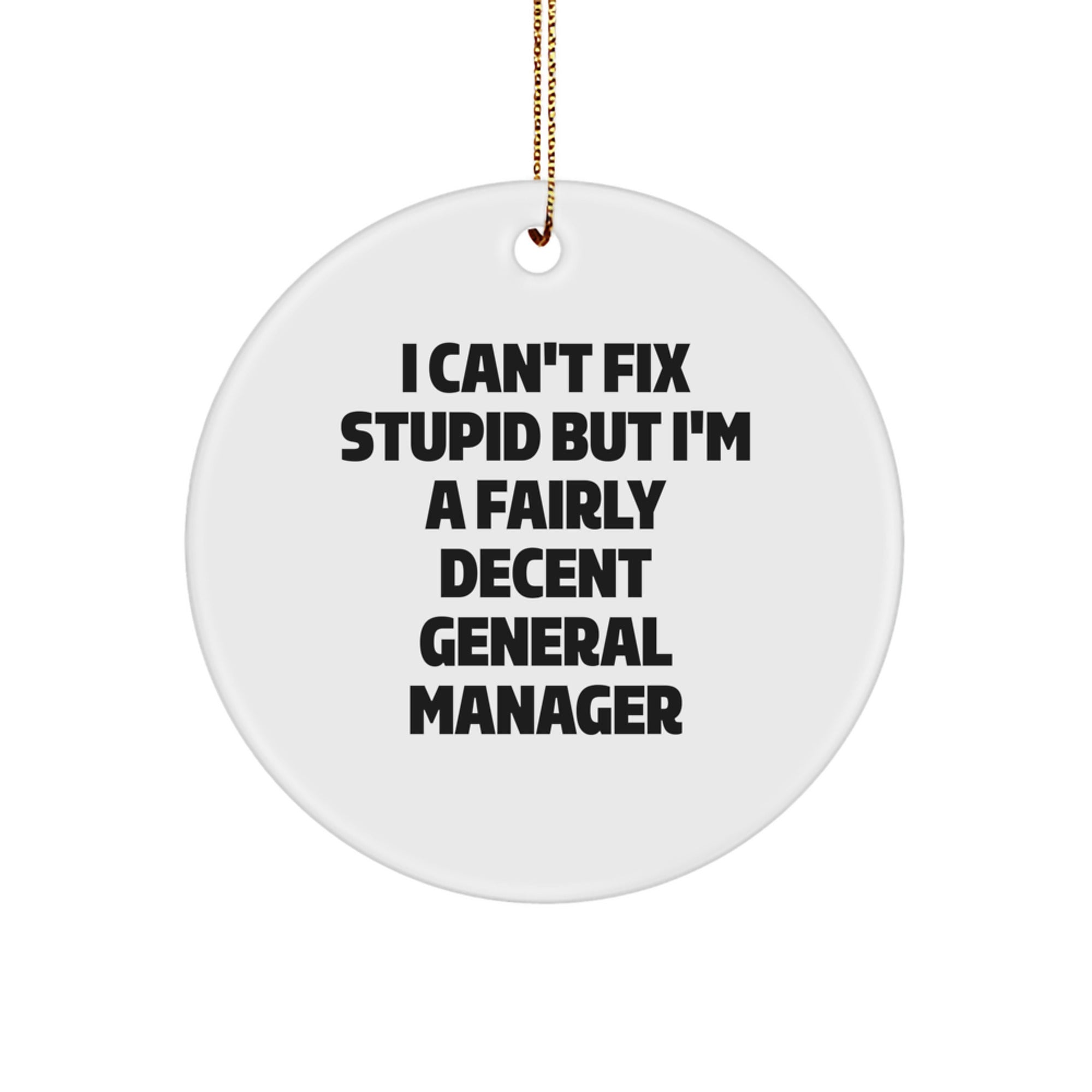 Funny General Manager Circle Ornament Gifts from Men to Coworkers, I Can't Fix Stupid But I'm A Fairly Decent General Manager, Christmas Unique Gifts - Image 1