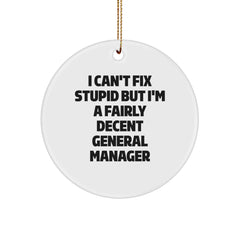 Funny General Manager Circle Ornament Gifts from Men to Coworkers, I Can't Fix Stupid But I'm A Fairly Decent General Manager, Christmas Unique Gifts - Image 1