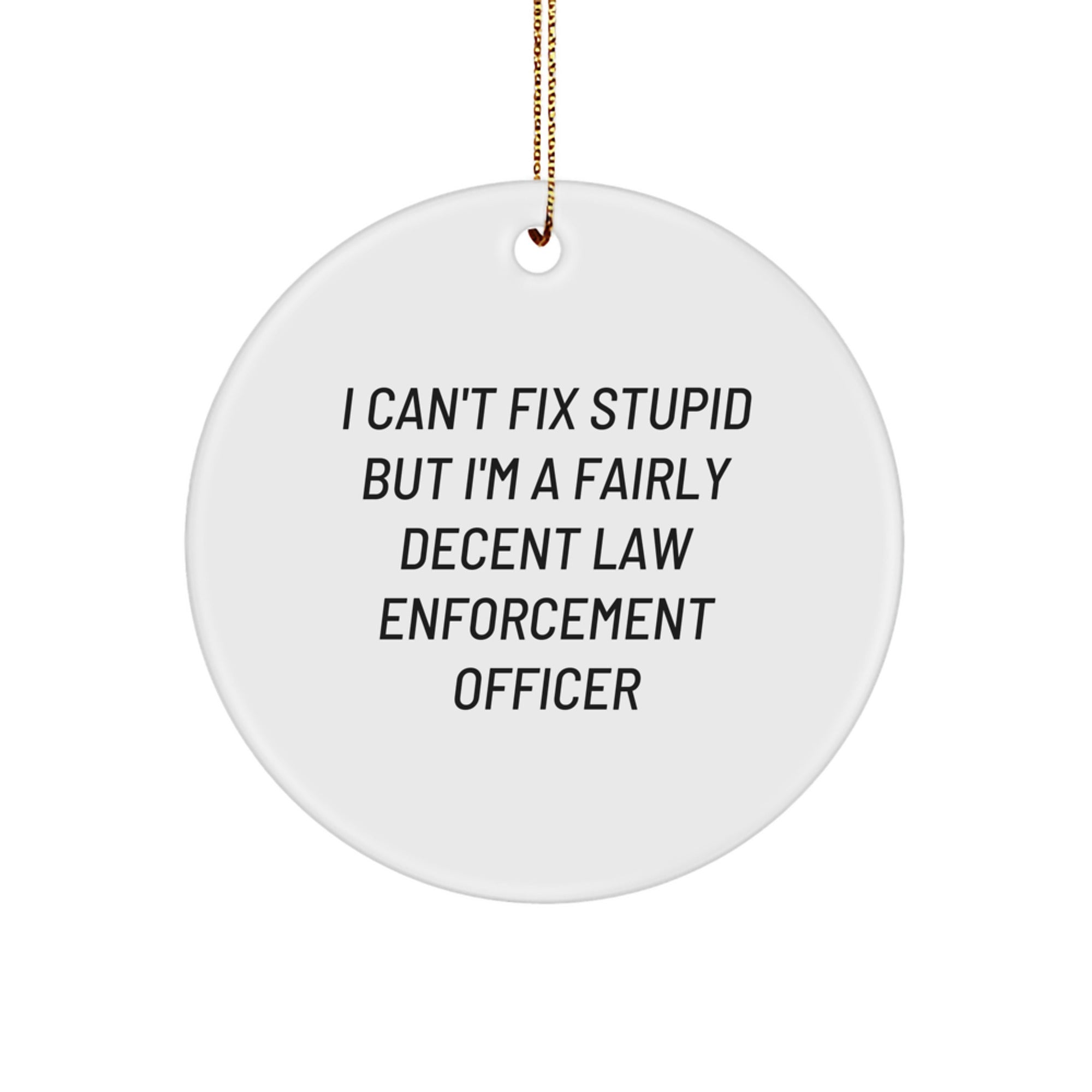 Funny Law Enforcement Officer Gifts from Friends for Christmas - 'I Can't Fix Stupid But I'm A Fairly Decent Law Enforcement Officer' Circle Ornament - Image 1