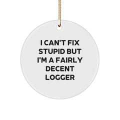 Funny Logger Gift, I Can't Fix Stupid But I'm A Fairly Decent Logger, Christmas Circle Ornament, Gifts from Friends, Gifts for Logger - Image 1