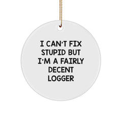 Funny Logger Gifts for Men - I Can't Fix Stupid But I'm A Fairly Decent Logger Circle Ornament, Gifts from Family at Christmas - Image 1