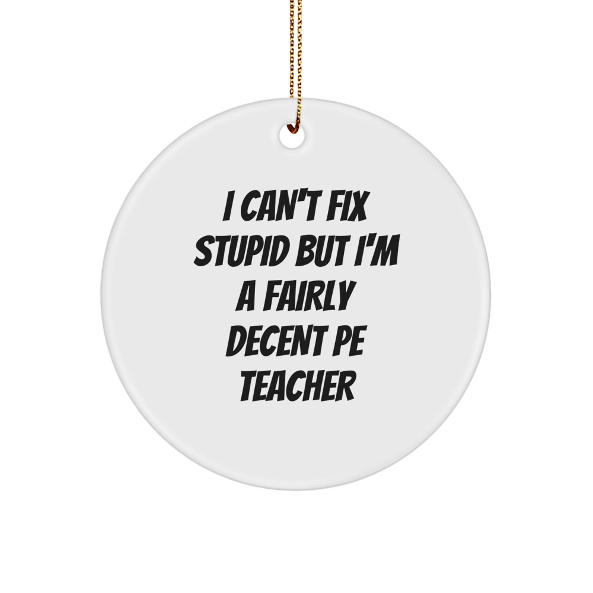 Funny PE Teacher Gifts from Men for PE Teacher, Circle Ornament with I Can't Fix Stupid Quote, White Circle Shaped Christmas Unique Gifts - Image 1
