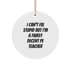 Funny PE Teacher Gifts from Men for PE Teacher, Circle Ornament with I Can't Fix Stupid Quote, White Circle Shaped Christmas Unique Gifts - Image 1