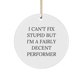Funny Performer Gifts from Friends for Men, I Can't Fix Stupid But I'm A Fairly Decent Performer, Circle Ornament, Christmas Unique - Image 1
