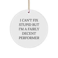 Funny Performer Gifts from Friends for Men, I Can't Fix Stupid But I'm A Fairly Decent Performer, Circle Ornament, Christmas Unique - Image 1