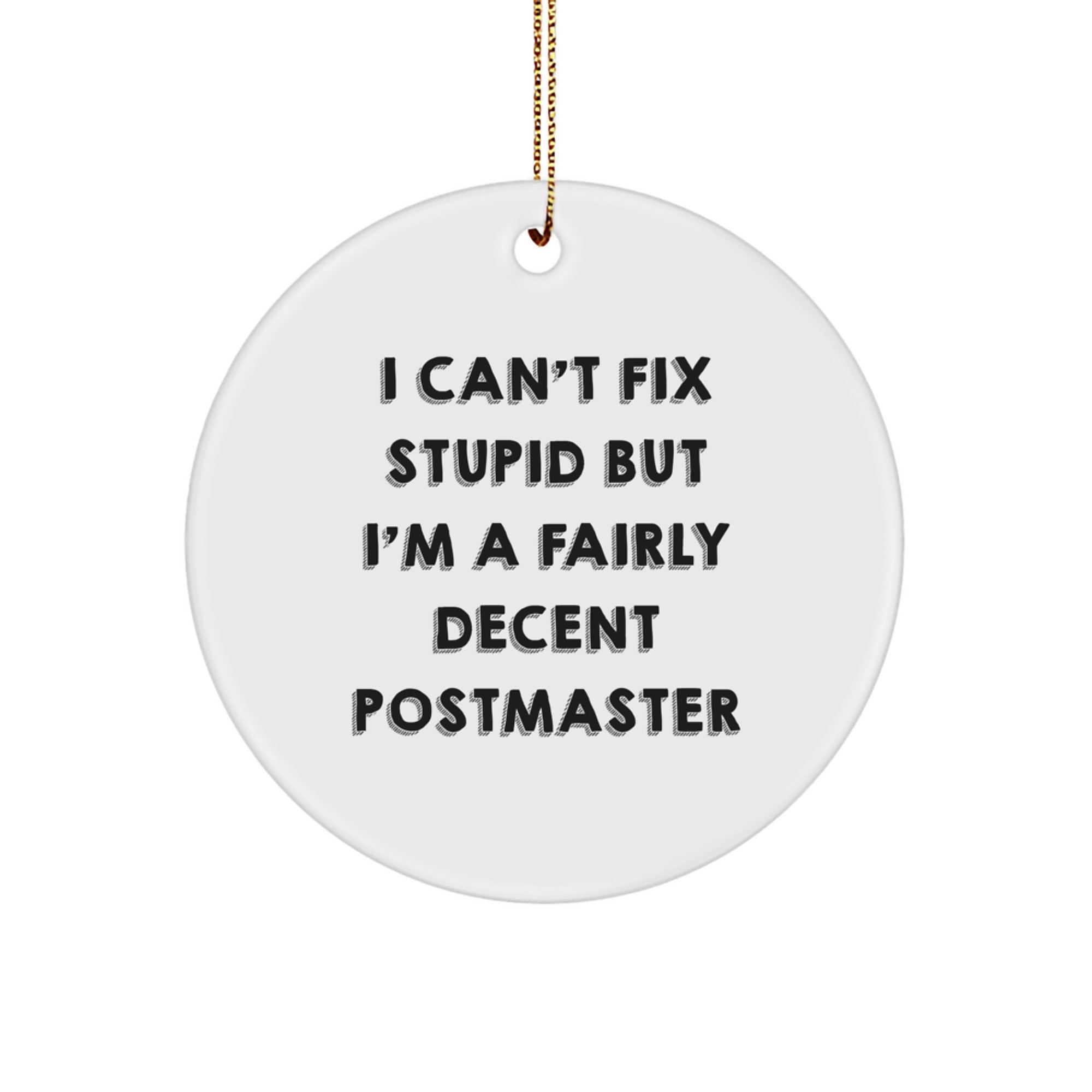 Funny Postmaster Gifts from Men for Friends - Circle Ornament with 'I Can't Fix Stupid But I'm A Fairly Decent Postmaster' Quote, Perfect for Christmas - Image 1