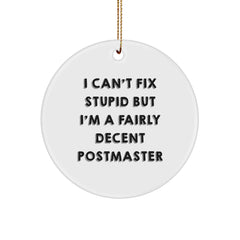 Funny Postmaster Gifts from Men for Friends - Circle Ornament with 'I Can't Fix Stupid But I'm A Fairly Decent Postmaster' Quote, Perfect for Christmas - Image 1