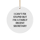 Funny Secretary Gifts from Friends - I Can't Fix Stupid But I'm A Fairly Decent Secretary Circle Ornament for Christmas - Image 1