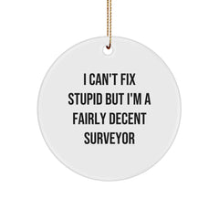 Funny Surveyor Gifts from Friends: 'I Can't Fix Stupid But I'm A Fairly Decent Surveyor' Circle Ornament for Christmas - Image 1