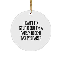 Funny Tax Preparer Gifts from Friends - 'I Can't Fix Stupid' Circle Ornament for Christmas - Image 1