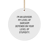 Funny Advisor Gifts, 'I'm An Advisor. My Level Of Sarcasm Depends On Your Level Of Stupidity.' Circle Ornament, Perfect for Christmas - Image 1