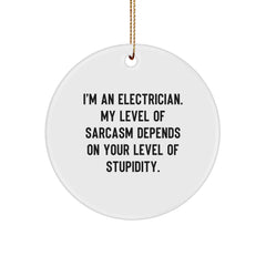 Funny Electrician Gifts for Men from I'm An Electrician. My Level Of Sarcasm Depends On Your Level Of Stupidity. - Unique Circle Ornament for Electrician Friends - Image 1