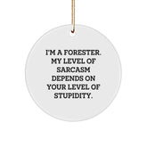 Funny Forester Gifts from Friends for Him - Circle Ornament with I'm A Forester. My Level Of Sarcasm Depends On Your Level Of Stupidity. - Unique Christmas Ornament - Image 1